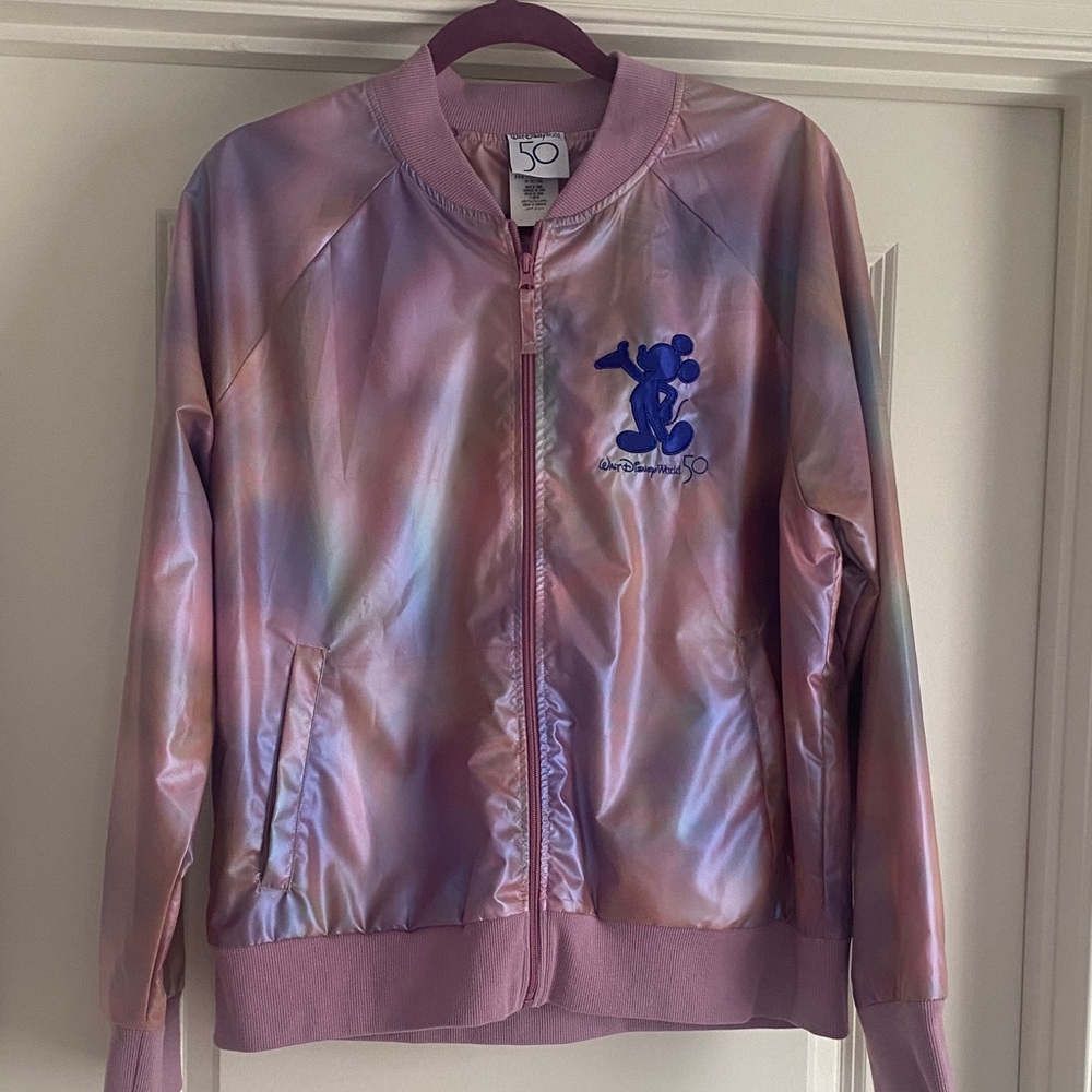 Women Walt Disney 50 Iridescent Pink Bomber Jacket with Blue Mickey Embroidery